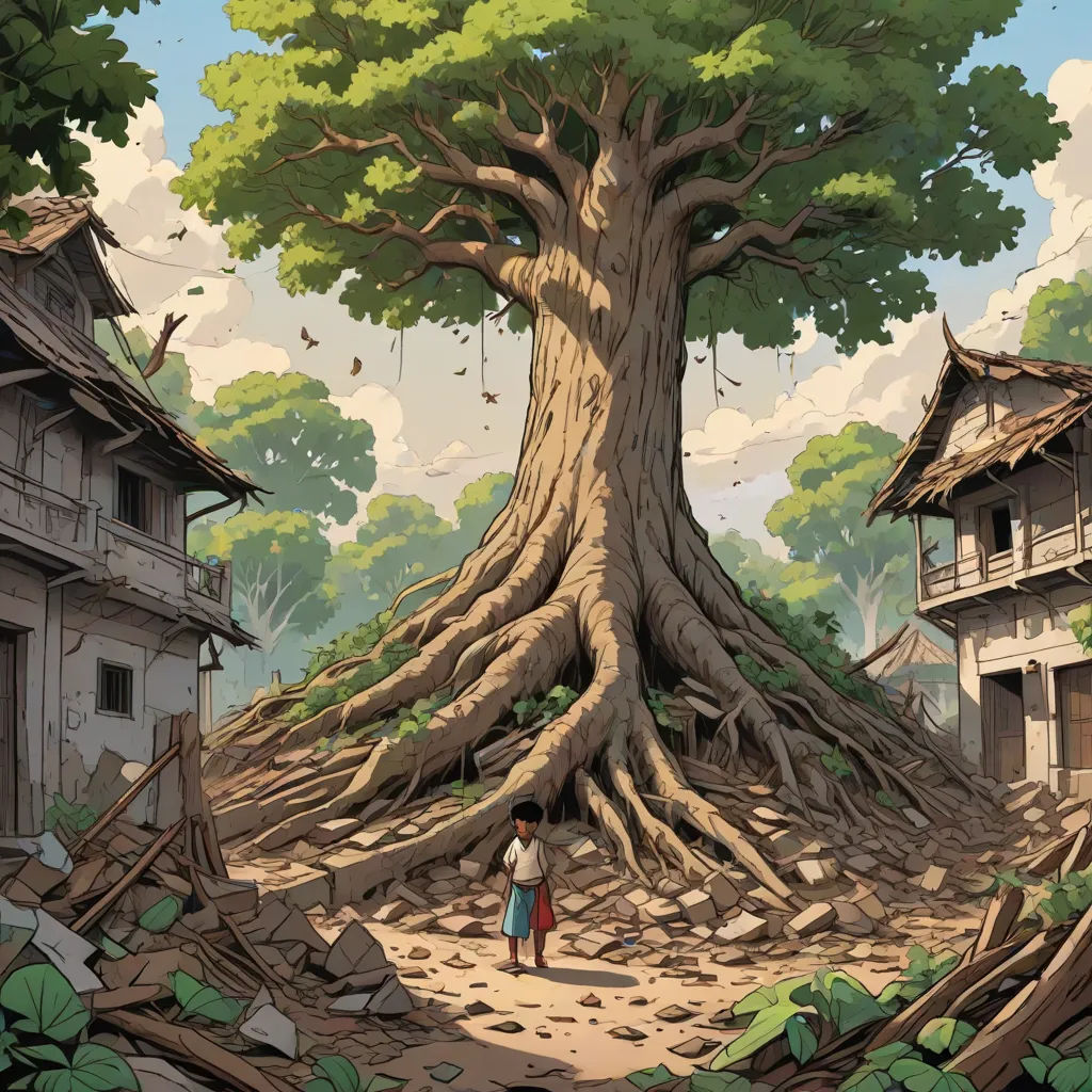 a person standing in front of a tree with a house in the background and a man standing in front of it, environmental art, a storybook illustration, Chris LaBrooy, roots