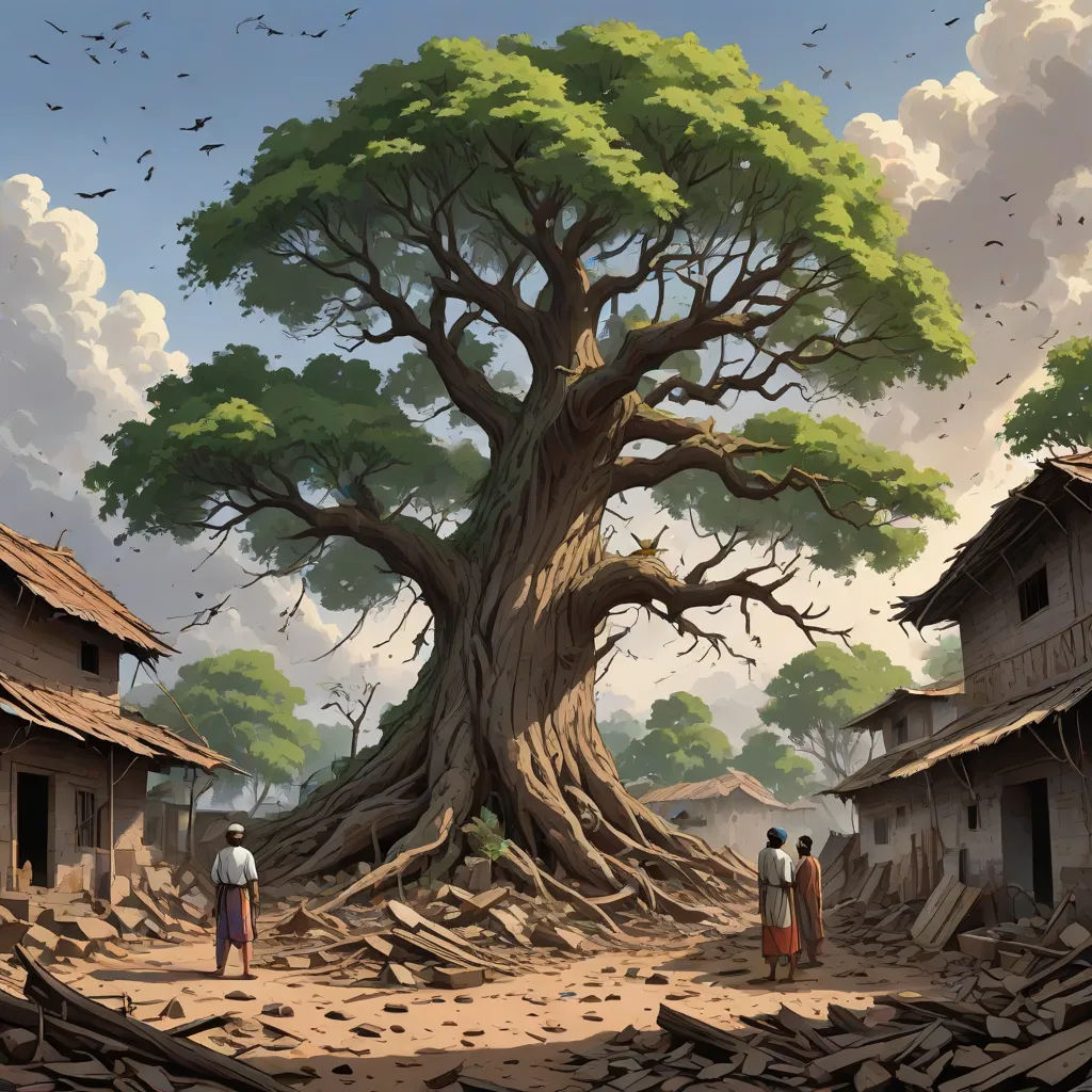 a painting of a tree with people standing around it and a sky background with clouds and birds flying overhead, fantasy art, a detailed matte painting, Andreas Rocha, magic the gathering artwork