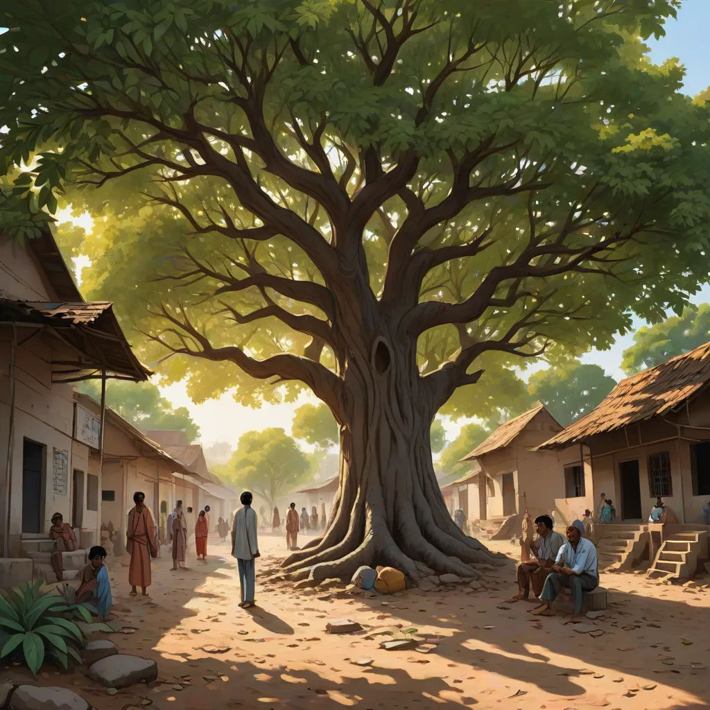 a painting of a tree with people sitting under it and a man standing in the middle of the tree, american scene painting, a detailed matte painting, Christophe Vacher, roots