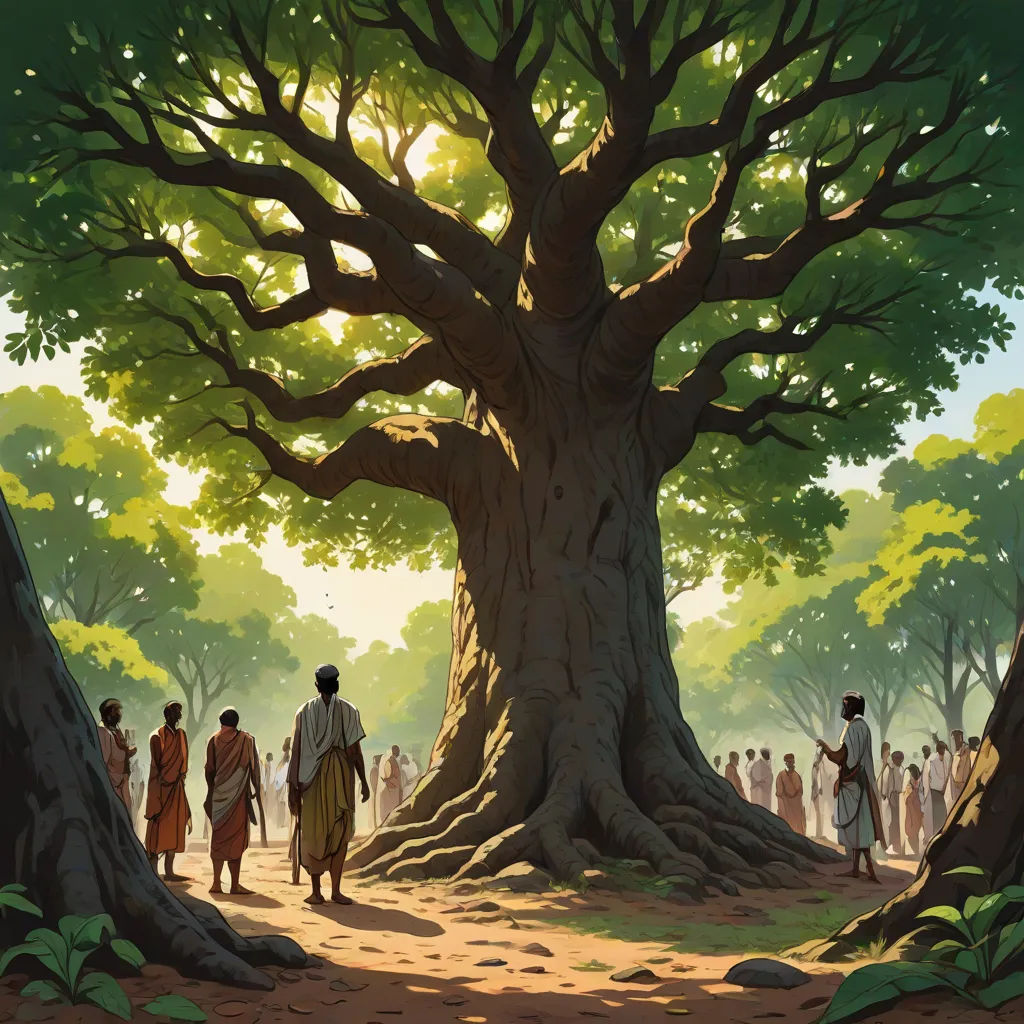 a painting of a group of people standing around a tree in a forest with a man standing next to it, naturalism, a detailed matte painting, Eyvind Earle, official art