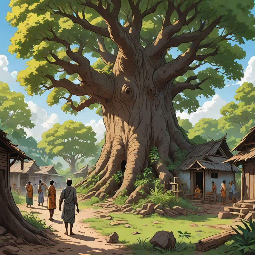 a painting of a tree with people walking around it and a man in a white shirt and a woman in a blue dress, fantasy art, a detailed matte painting, Andreas Rocha, roots