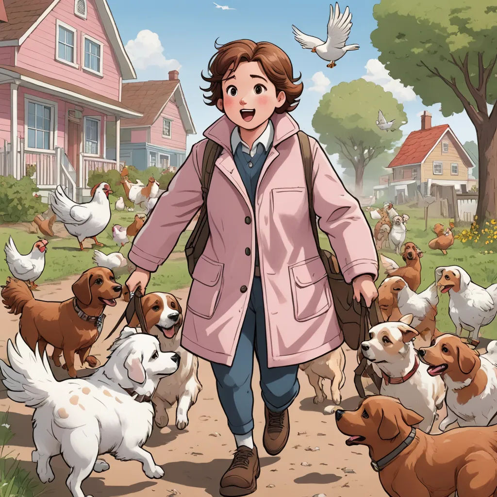a boy walking a dog through a flock of dogs in a neighborhood with a house in the background and a flock of birds flying overhead, furry art, a comic book panel, Eileen Aldridge, comic cover art