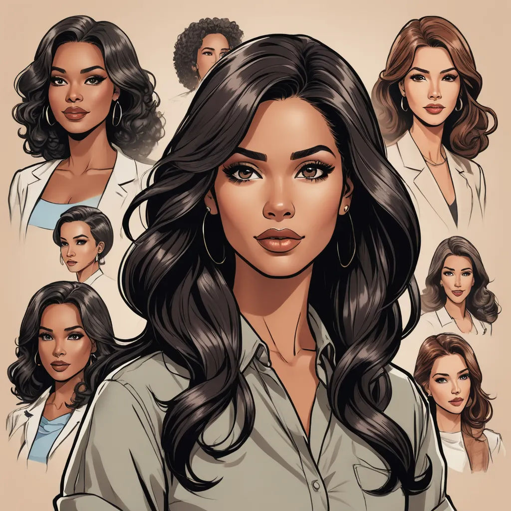 a woman with long hair and a shirt on, with many other women in the background, all of which are wearing earrings, serial art, a character portrait, Artgerm, comic cover art