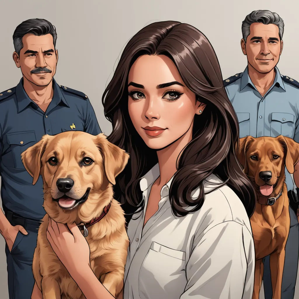 a woman standing in front of a group of dogs and a man in uniform behind her with a mustache, furry art, a comic book panel, Colin Middleton, promotional image