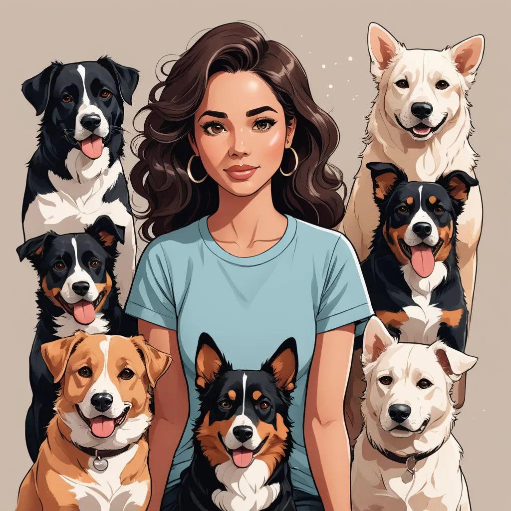 a woman sitting in front of a group of dogs with her tongue out and her eyes closed, with her hands on her hips, furry art, a character portrait, Cyril Rolando, comic cover art