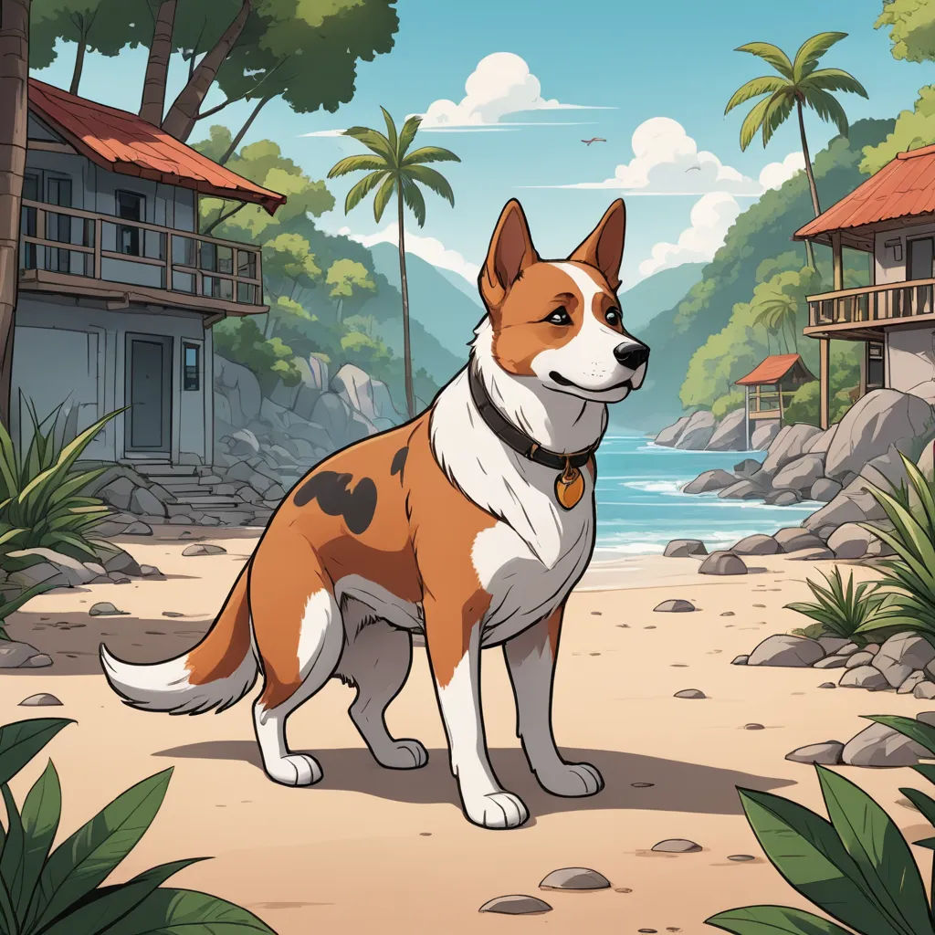 a dog standing on a beach near a house and trees with a beach in the background and a house on the shore, sots art, a character portrait, Dan Content, key art