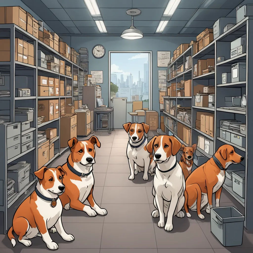 a group of dogs sitting in a room with shelves full of boxes and boxes on the floor and a clock on the wall, furry art, a screenshot, Anson Maddocks, 2 d game art