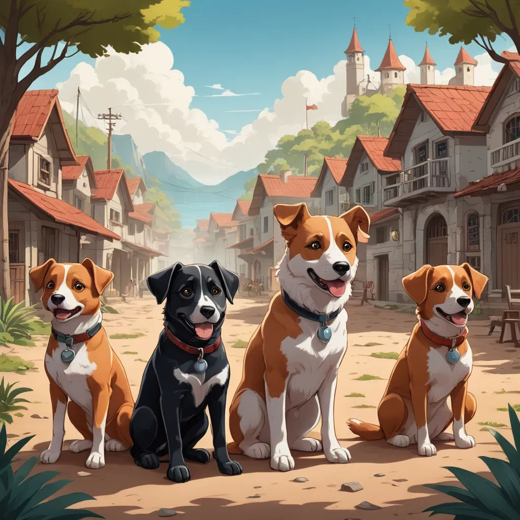 a group of dogs sitting on a dirt road next to a forest and a building with a clock tower, sots art, concept art, Chris LaBrooy, key art