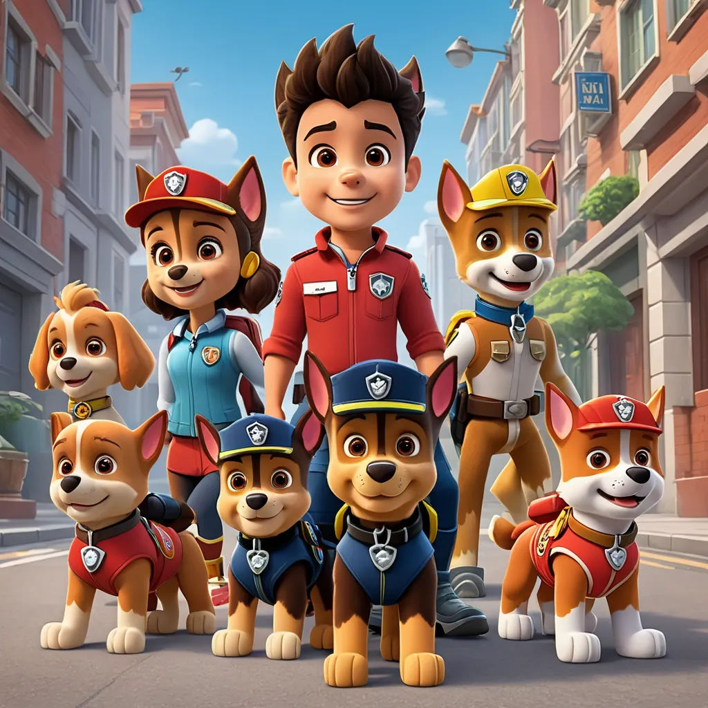 a cartoon character with a bunch of dogs on a city street with buildings in the background and a man in a red shirt, cubo-futurism, a poster, Aquirax Uno, promotional image