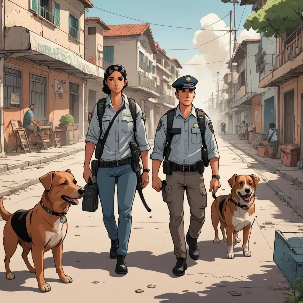 a couple of people walking down a street with two dogs on leashes and a man in a police uniform, serial art, a comic book panel, Asaf Hanuka, official art