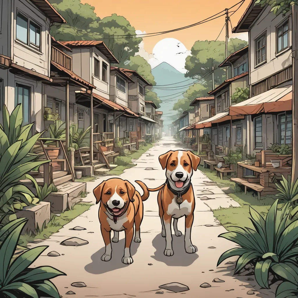 two dogs standing on a street between two buildings with a sunset in the background and a few trees and bushes, furry art, a comic book panel, Dan Mumford, comic cover art