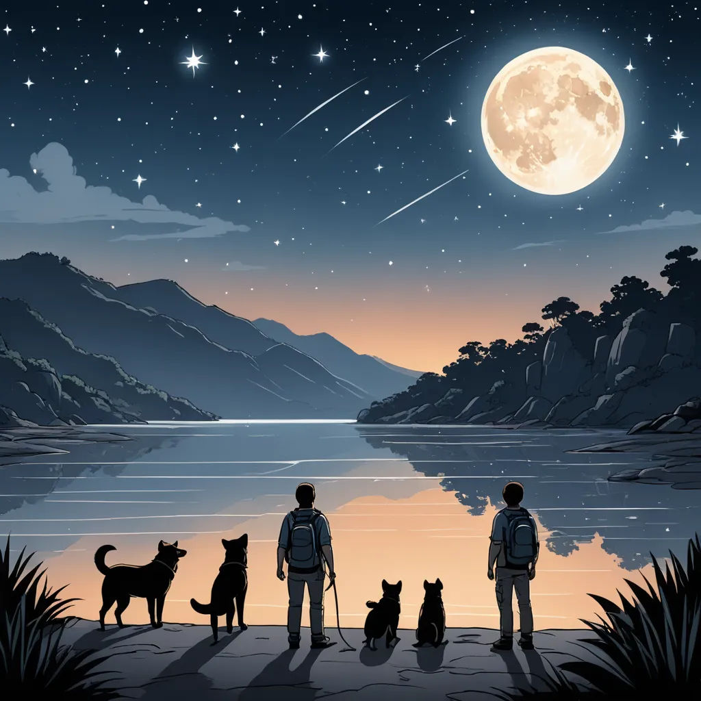 a man and two dogs are standing on a dock with a full moon in the background and stars in the sky, space art, a storybook illustration, Dan Mumford, storybook illustration