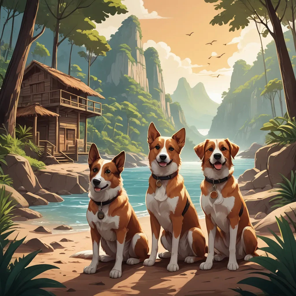 two dogs sitting on a rock near a river and a cabin in the background with a bird flying overhead, sots art, poster art, Dan Mumford, key art