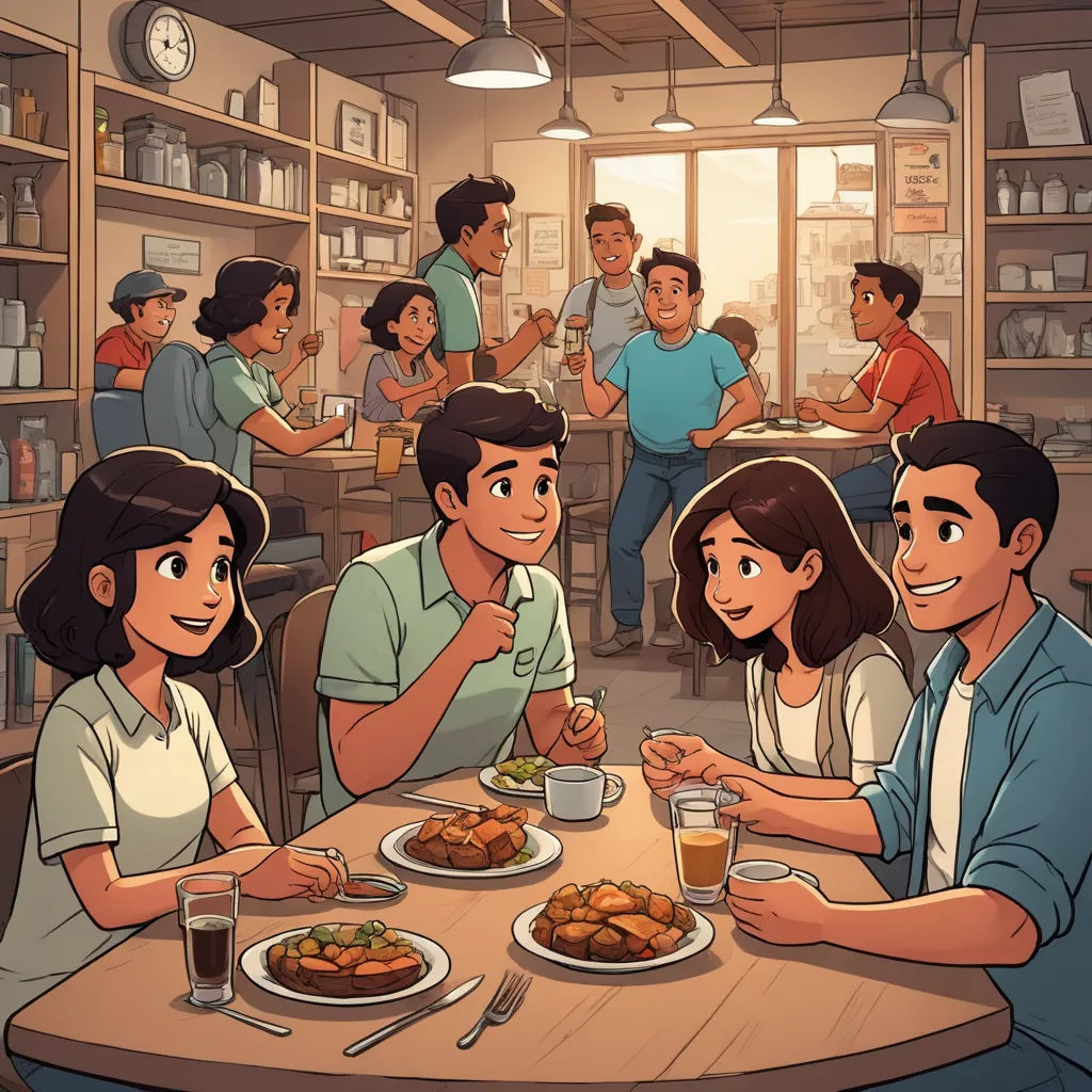 a group of people sitting around a table eating food and drinking beer in a restaurant with a man standing next to them, sots art, a storybook illustration, Fernando Amorsolo, official art