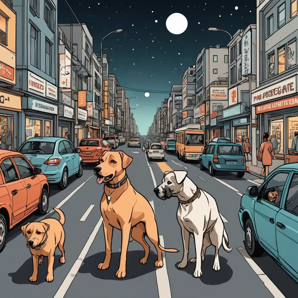 a couple of dogs are standing in the middle of the street with a bus and cars in the background, serial art, an album cover, Asaf Hanuka, detailed illustration