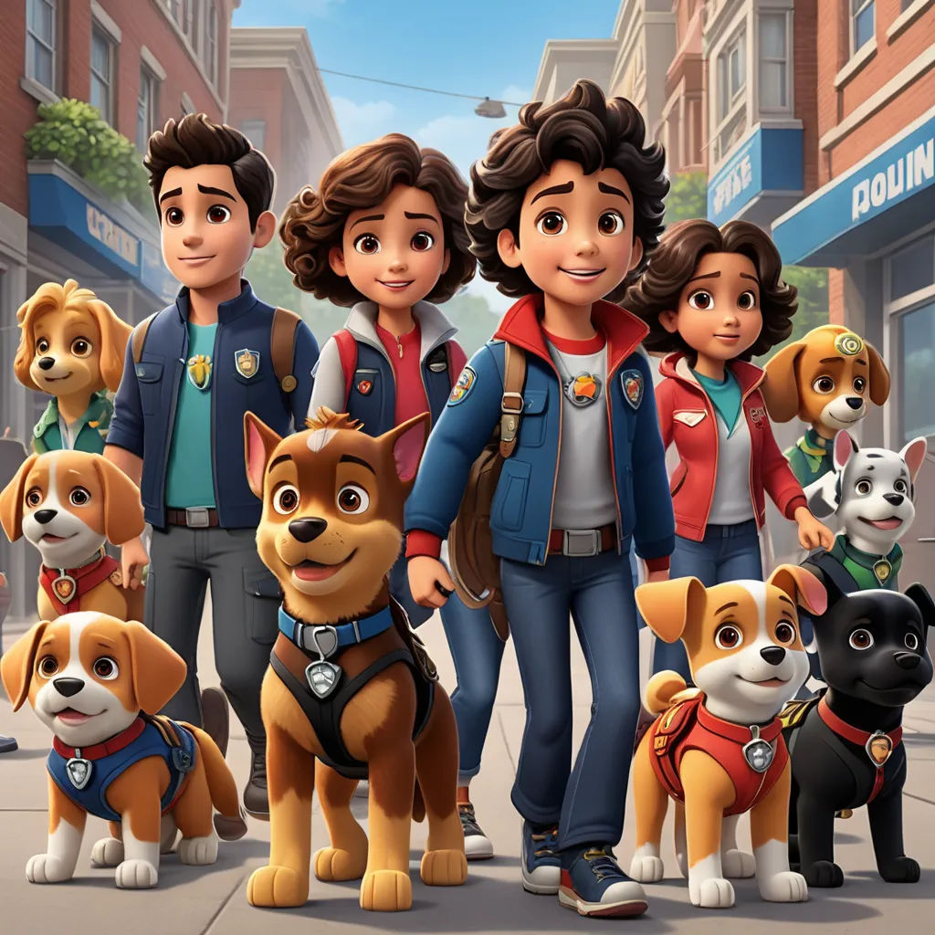 a group of people standing next to each other with dogs on a city street in front of them and a building, sots art, a poster, Charles Fremont Conner, promotional image