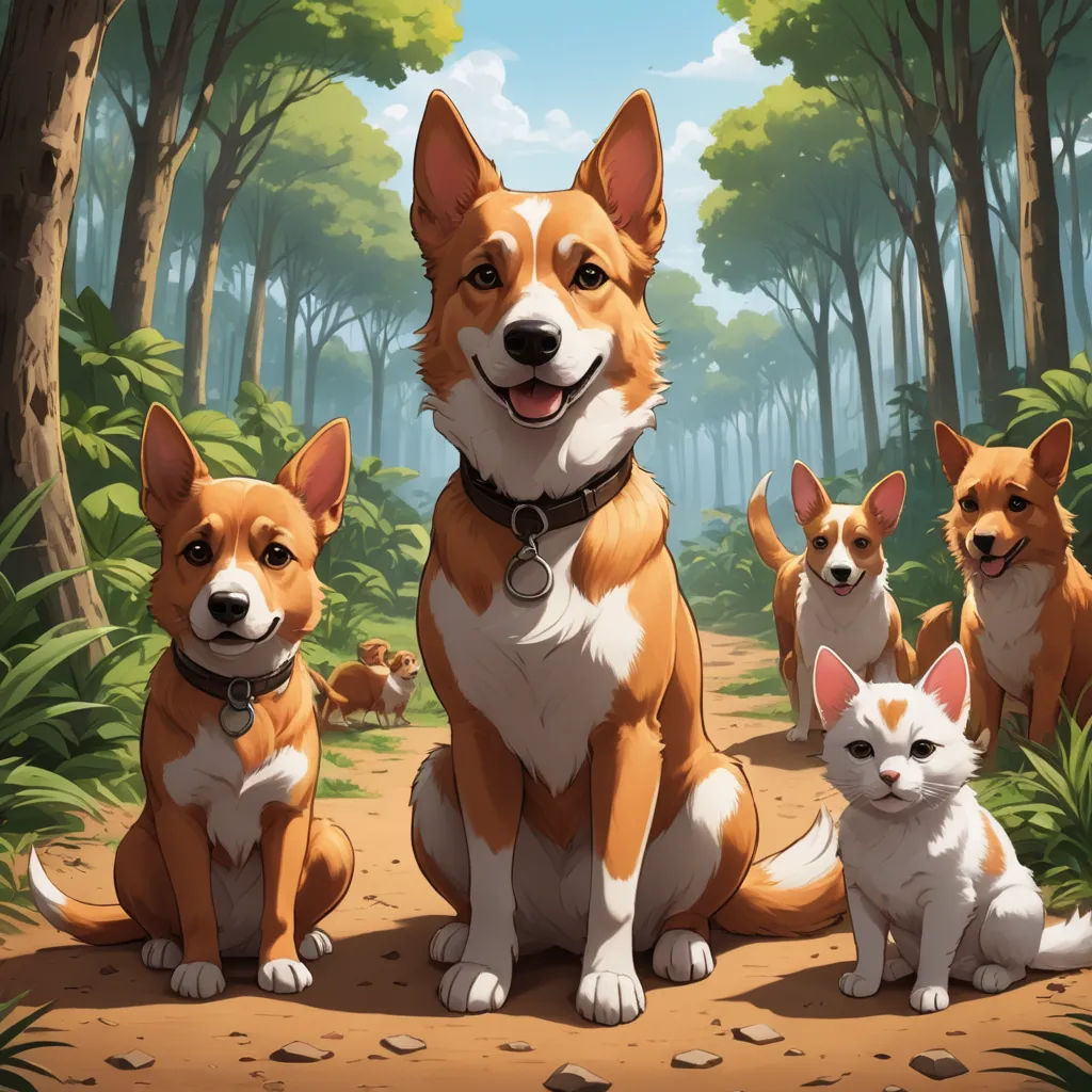 a group of dogs and cats sitting in the woods together, with a forest background and trees in the background, sots art, a detailed painting, Cyril Rolando, official art