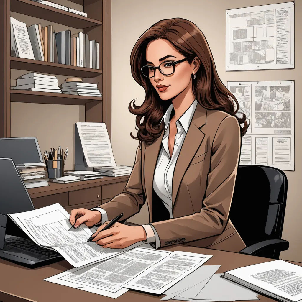 a woman in a suit sitting at a desk with papers and a laptop computer on it, with a lot of papers around her, private press, a comic book panel, Claire Falkenstein, high detail illustration