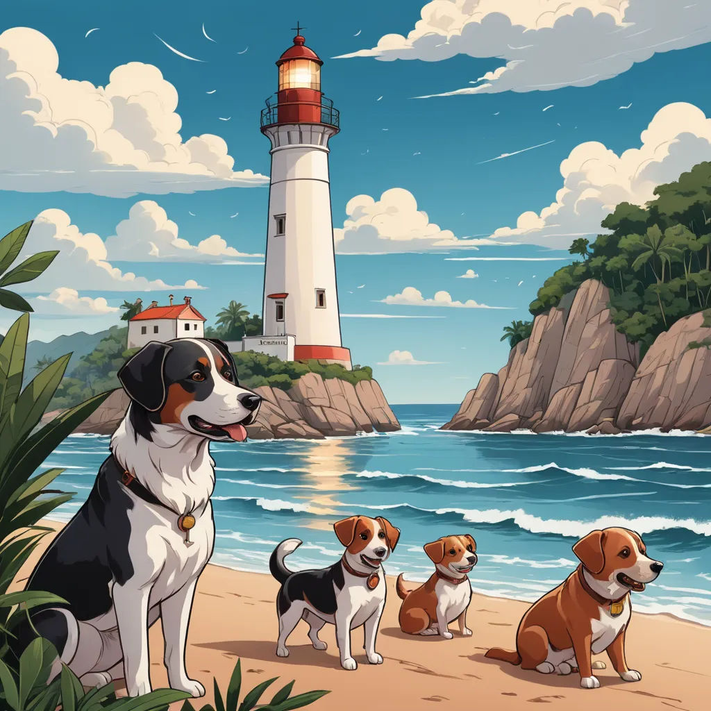 a group of dogs sitting on a beach next to a lighthouse and the ocean with a lighthouse in the background, serial art, a storybook illustration, Diego Gisbert Llorens, comic cover art