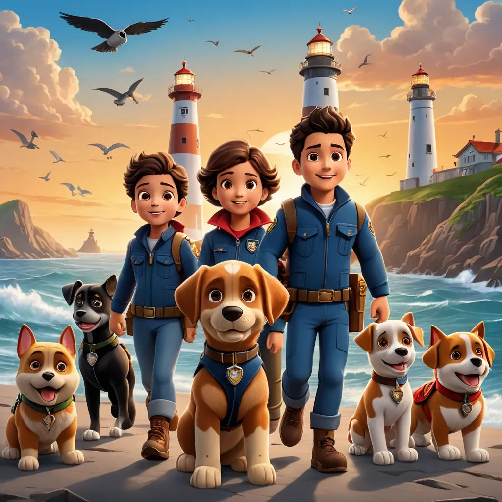 a group of people standing next to each other on a beach with dogs and lighthouse in the background with birds flying overhead, sots art, poster art, Felix-Kelly, promotional image