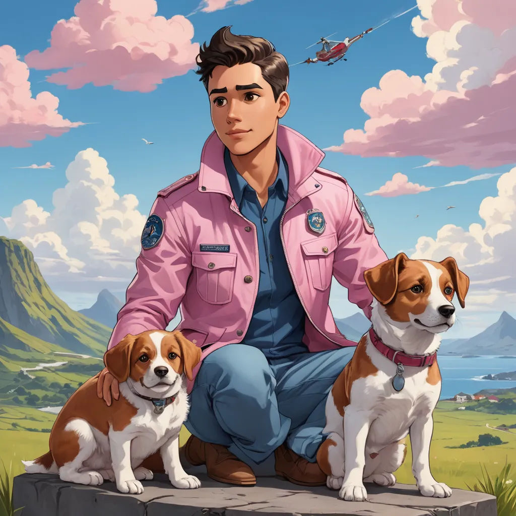 a man sitting on a rock with two dogs in front of him and a plane in the background,, sots art, a character portrait, Cosmo Alexander, key art