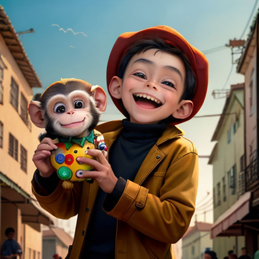 a boy holding a monkey toy in a street with a building in the background and a sky background with a bird flying overhead