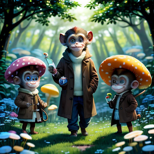a group of cartoon characters standing in a forest with mushrooms and mushrooms on the ground, one of them holding a toy