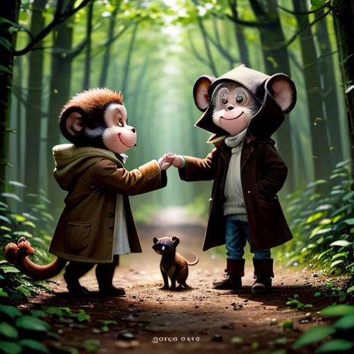 two children in a forest with a monkey and a monkey on a path with a dog on the other side