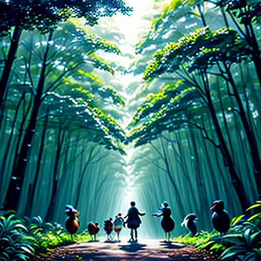 a painting of people walking through a forest with trees and grass on either side of the road, with a light shining through the trees