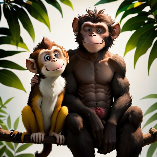 a monkey and a monkey sitting on a branch together with leaves in the background and a white background behind them
