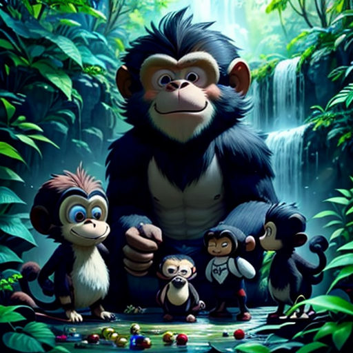 a group of monkeys sitting in the jungle with a waterfall in the background and a waterfall in the background