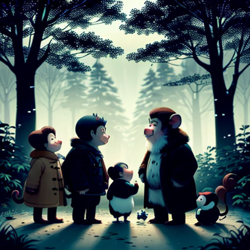a group of people standing in the middle of a forest with penguins and penguins on the ground, all looking at something