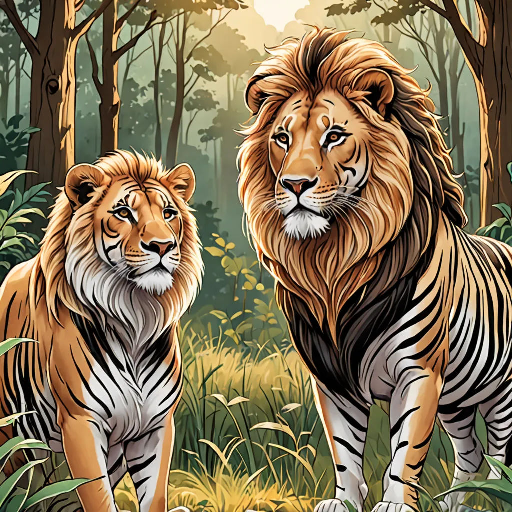 two lions standing in the middle of a forest with trees and grass in the background, one of which is looking at the camera, furry art, a storybook illustration, Brothers Hildebrandt, highly detailed digital painting
