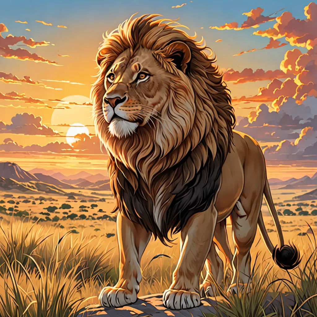a lion standing on a rock in a field with a sunset in the background and clouds in the sky, furry art, an airbrush painting, Chris LaBrooy, official art