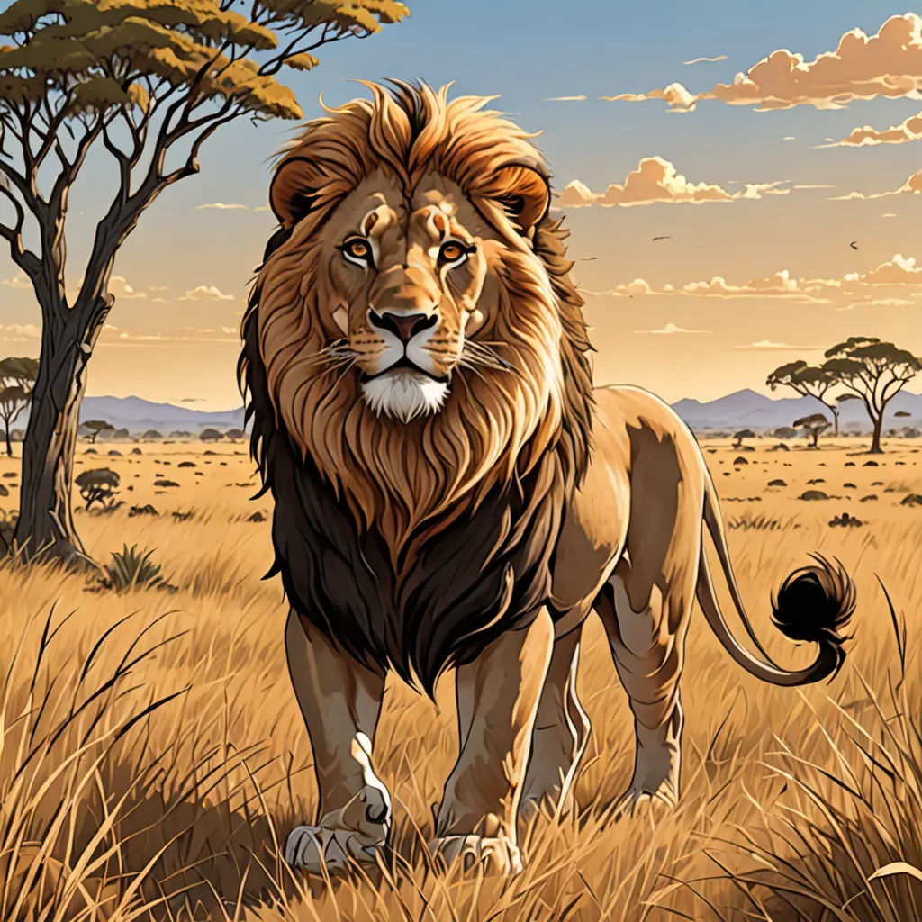 a lion standing in a field of grass with trees in the background and clouds in the sky above it, fantasy art, an airbrush painting, Chris LaBrooy, highly detailed digital painting