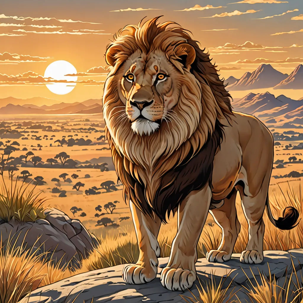 a lion standing on a rock in the middle of a field with mountains in the background and a sunset, furry art, an airbrush painting, Chris LaBrooy, majestic