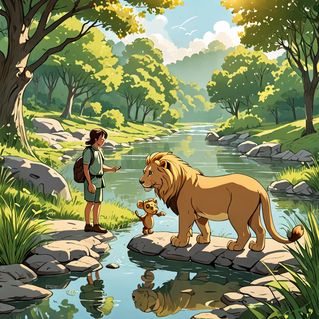 a man and a lion are standing in the water near a stream and trees, and a man is holding a small child, lyco art, a storybook illustration, Chris LaBrooy, storybook illustration