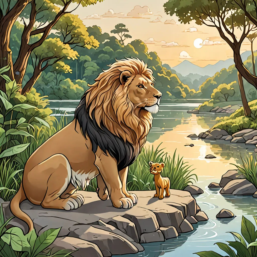 a lion and a cub sitting on a rock in a forest by a river with a sunset in the background, lyco art, a storybook illustration, Chris LaBrooy, official art