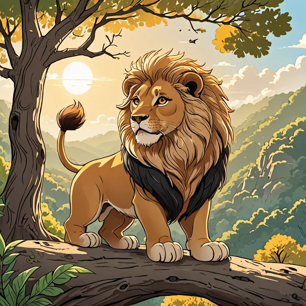 a lion standing on a tree branch in a forest with a sun in the background and mountains in the background, fantasy art, a storybook illustration, Chris LaBrooy, trending on art station