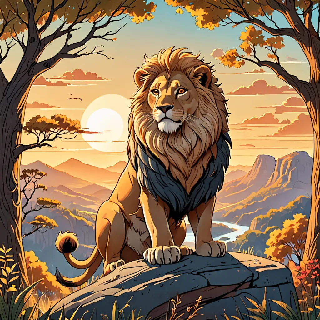 a lion sitting on a rock in the middle of a forest with a sunset in the background and trees, fantasy art, a comic book panel, Chris LaBrooy, rossdraws global illumination