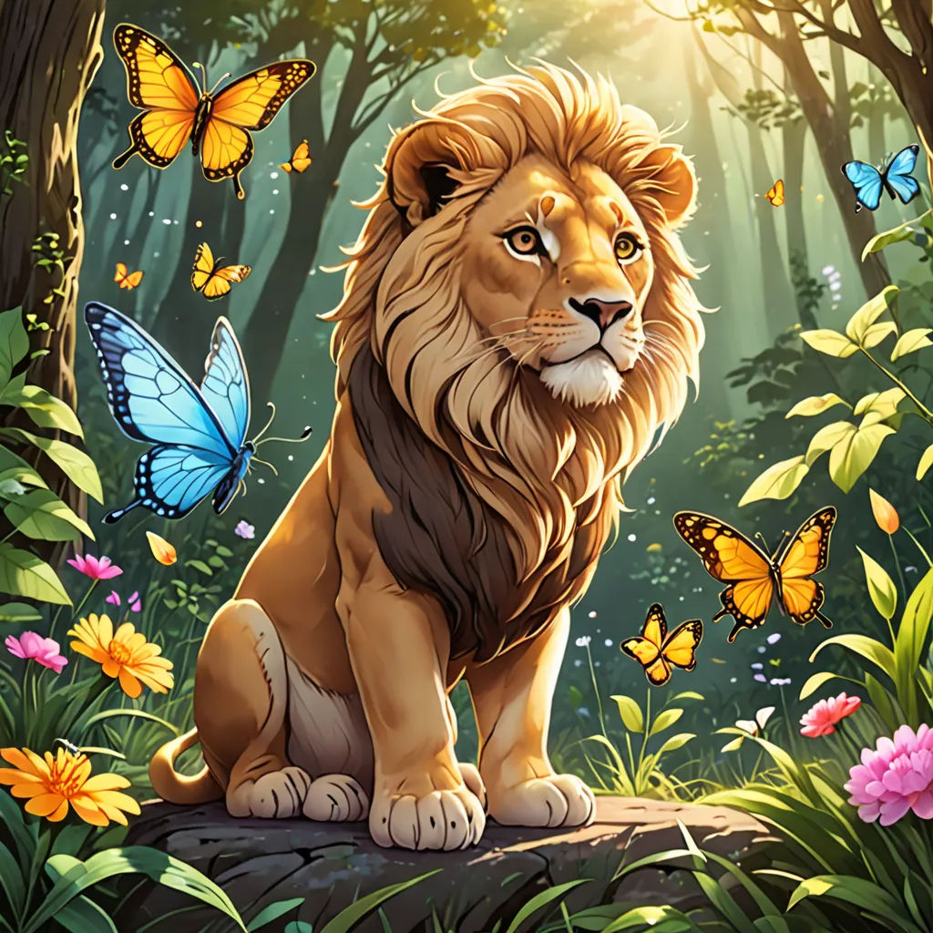 a lion sitting on a rock in a forest with butterflies around it and a butterfly flying above it,, fantasy art, a storybook illustration, Chris LaBrooy, official art