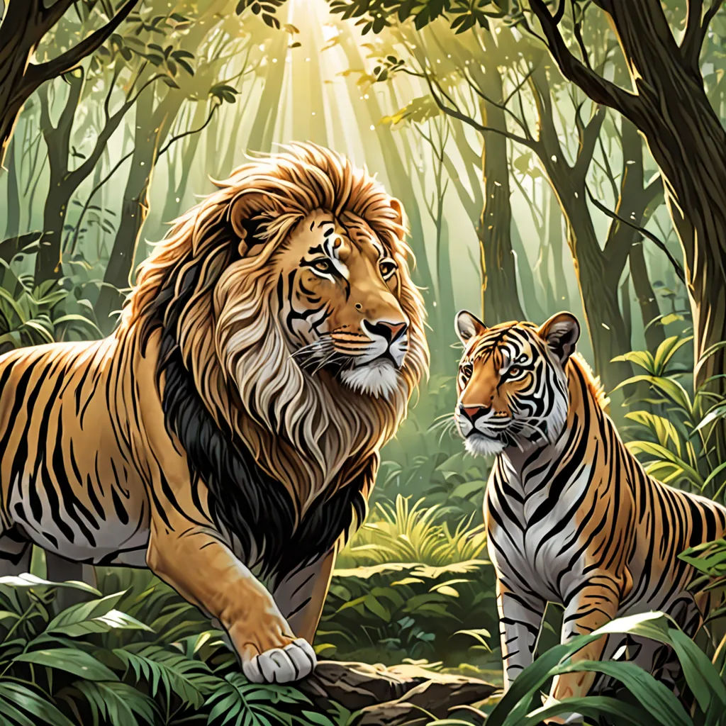 a tiger and a tiger cub in a jungle setting with sunlight streaming through the trees and leaves on the ground, furry art, a digital painting, Brothers Hildebrandt, official art