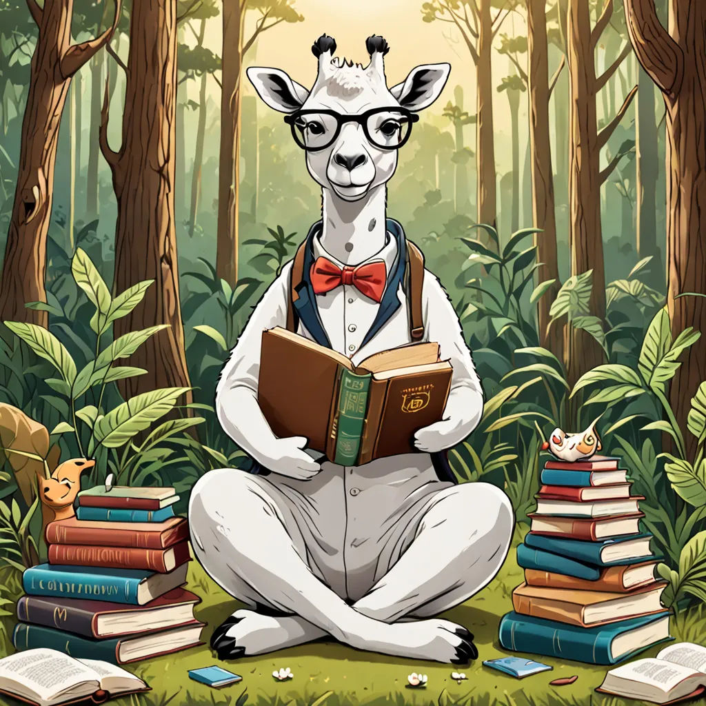 a llama wearing glasses and a bow tie is reading a book in the forest with a cat sitting on the ground, academic art, a storybook illustration, Chris LaBrooy, furaffinity