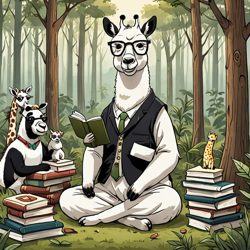 a cartoon of a man reading a book with a panda and a giraffe in the background, surrounded by books, figurativism, a storybook illustration, Chris LaBrooy, furaffinity