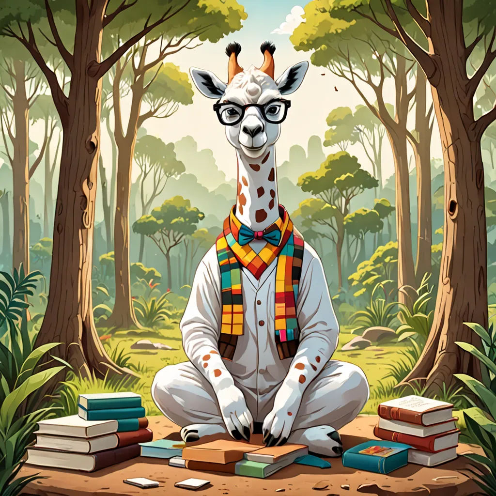 a giraffe wearing glasses and a scarf sitting in a forest with books on the ground and a pile of books on the ground, academic art, a character portrait, Chris LaBrooy, behance hd