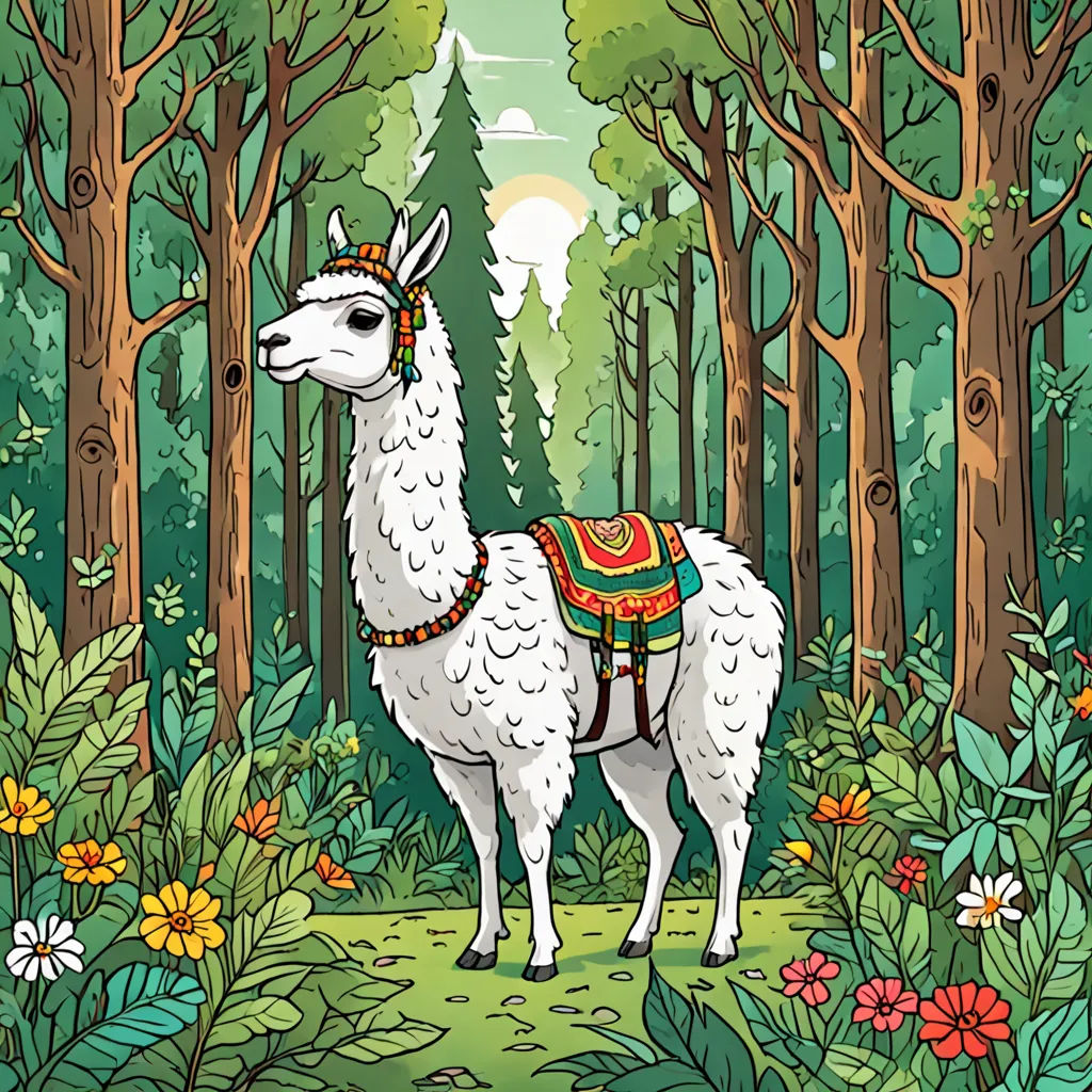 a llama in a forest with flowers and trees on a sunny day with a sky background and sun, serial art, a storybook illustration, Chris LaBrooy, josan gonzales and dan mumford