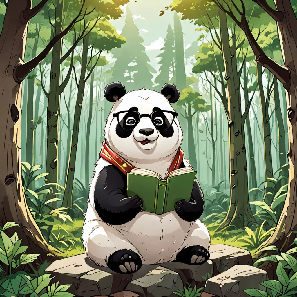 a panda bear sitting on a rock reading a book in the forest with trees and rocks around it,, fantasy art, a storybook illustration, Fan Qi, official art