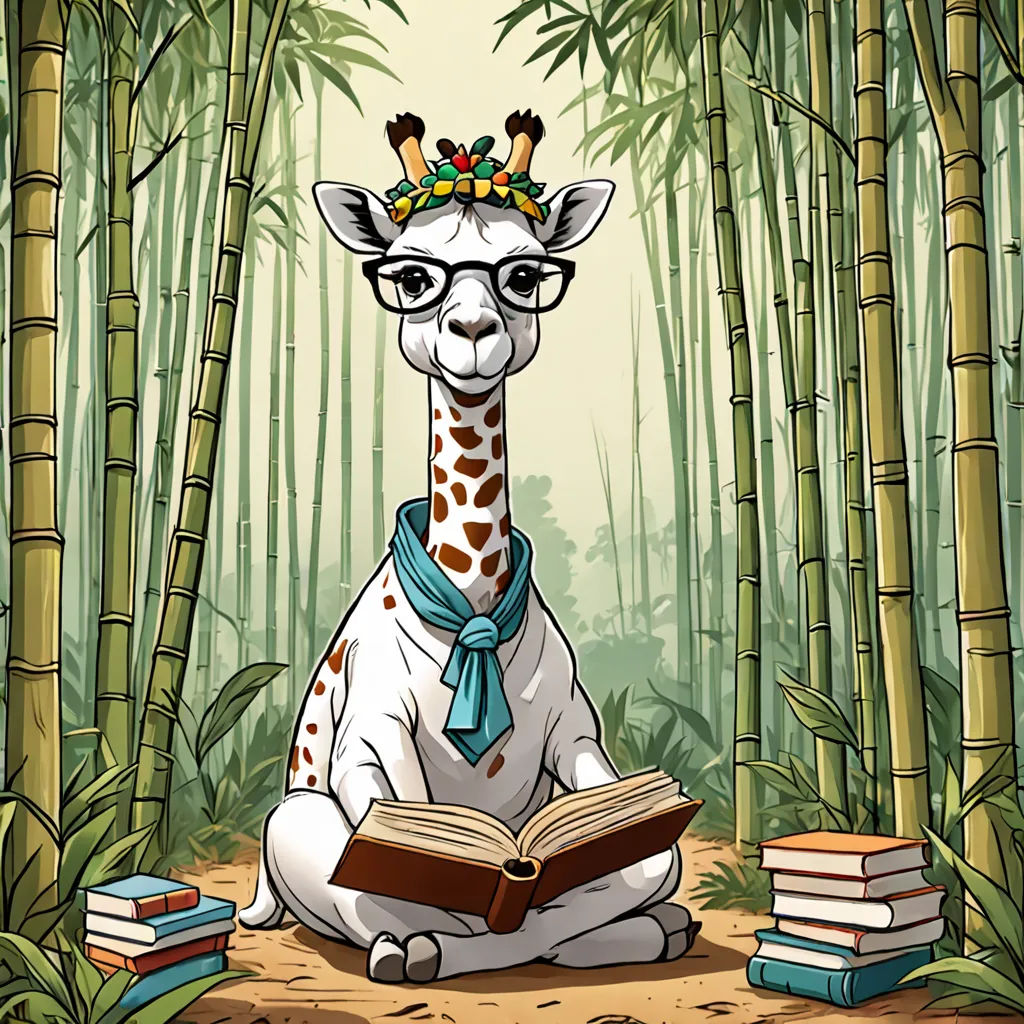 a giraffe wearing a crown sitting in the middle of a forest reading a book with a bookmark, academic art, a storybook illustration, Chris LaBrooy, storybook illustration