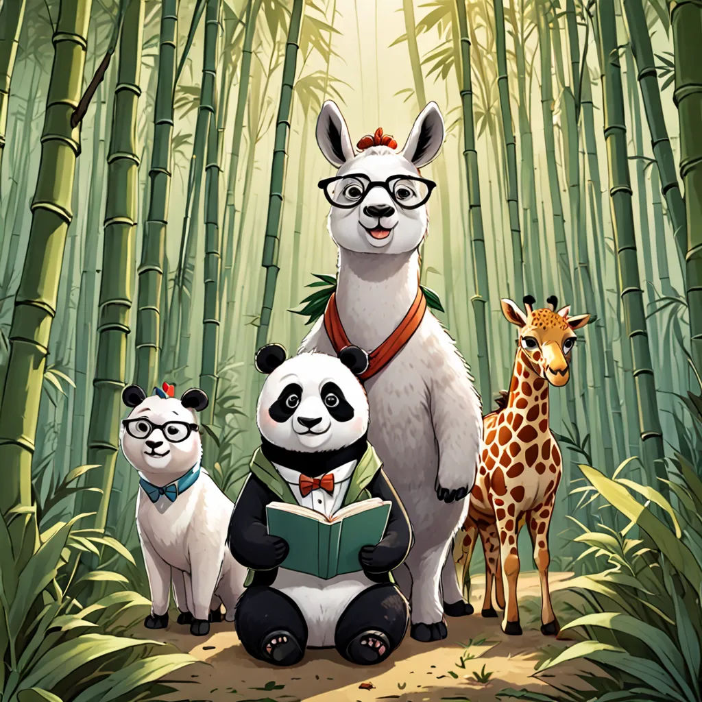 a panda, a giraffe, and two panda bears are standing in a bamboo forest with a book, serial art, a storybook illustration, Chip Zdarsky, rossdraws global illumination
