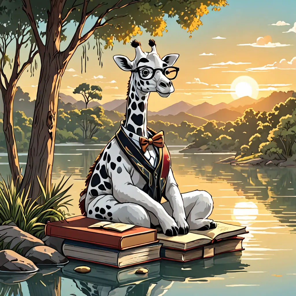 a giraffe sitting on top of a book next to a tree and water with a sunset in the background, academic art, a storybook illustration, Chris LaBrooy, official art